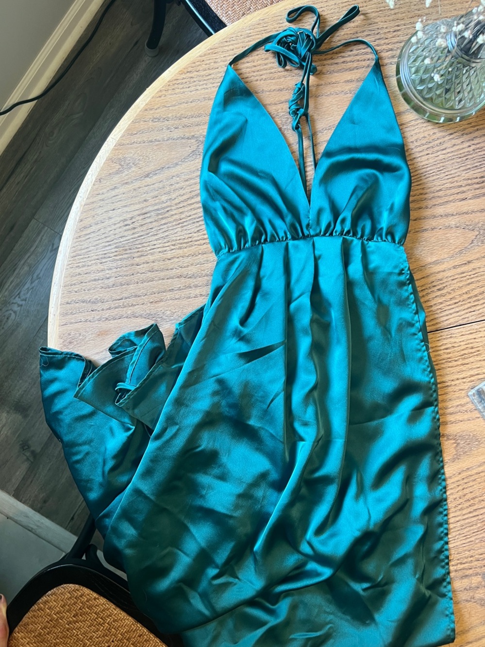 Amazon Teal Halter Backless Satin Dress with High Side Leg Slit